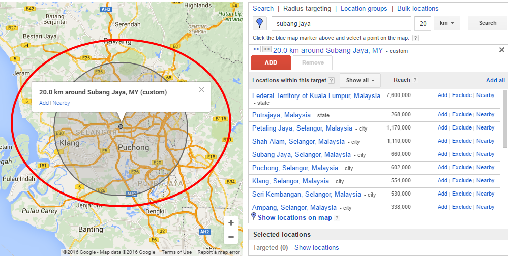 Google Ads - geo-targeting radius