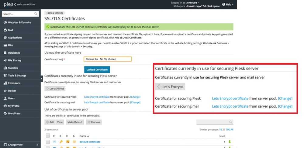 plesk vps SSL